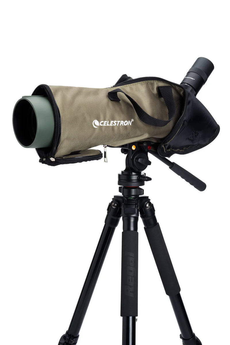 Celestron Regal M2 80 ED spotting scope with zoom lens, sturdy tripod, and adjustable eyepiece for detailed outdoor viewing.