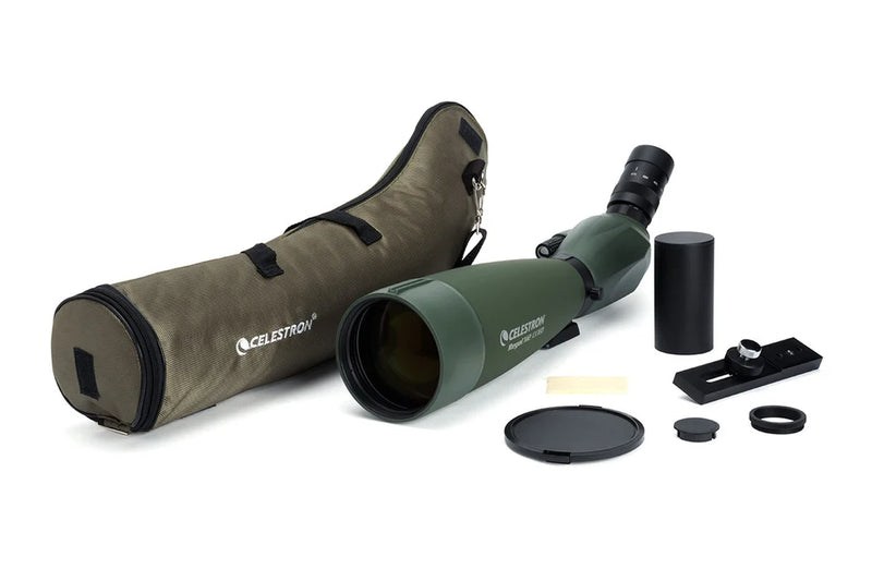 Celestron Regal M2 100 ED zoom spotting scope with adjustable eyepiece and sturdy tripod for outdoor birdwatching and nature observation.