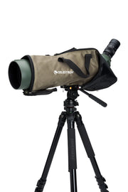 Celestron Regal M2 100 ED zoom spotting scope with adjustable eyepiece and tripod mount, designed for detailed outdoor viewing.
