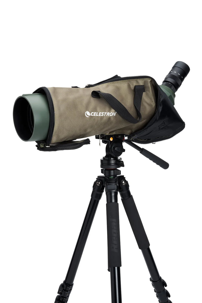 Celestron Regal M2 100 ED zoom spotting scope with adjustable eyepiece and tripod mount, designed for detailed outdoor viewing.