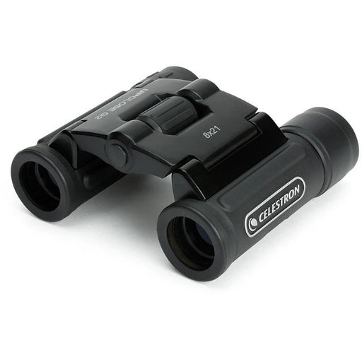 Celestron UpClose G2 8x21 roof binoculars with compact design, black body, and eyepieces visible, suitable for outdoor observation.