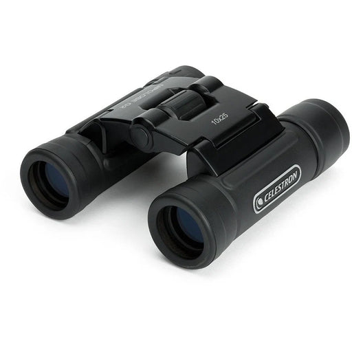 Celestron UpClose G2 10x25 roof binoculars showing compact black design with eyepieces and focus wheel.