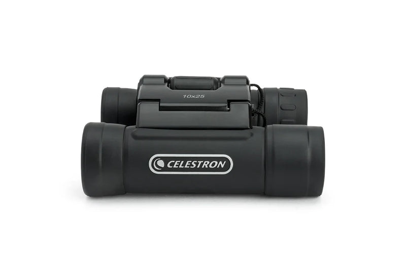 Celestron UpClose G2 10x25 roof binoculars with compact design, black body, and adjustable eyepieces, shown in box.