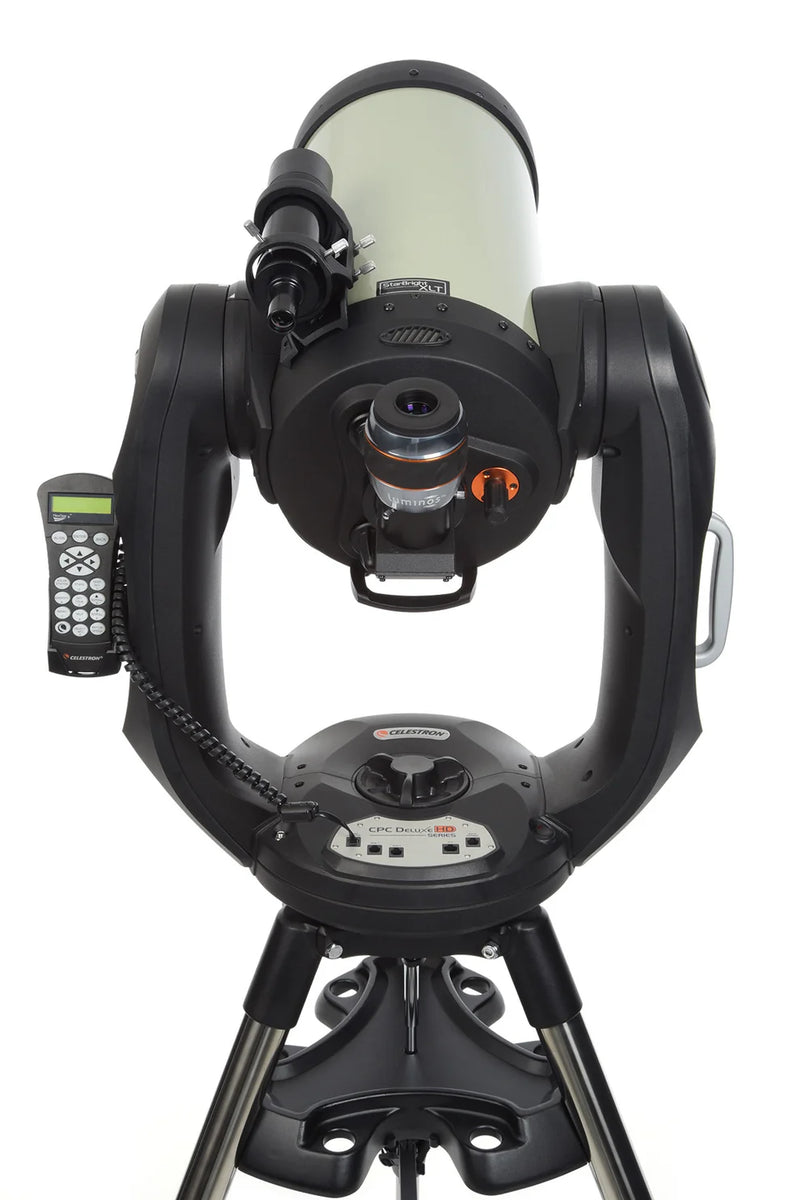Celestron CPC Deluxe 925 EdgeHD Schmidt-Cassegrain computerized telescope with tripod and accessories.
