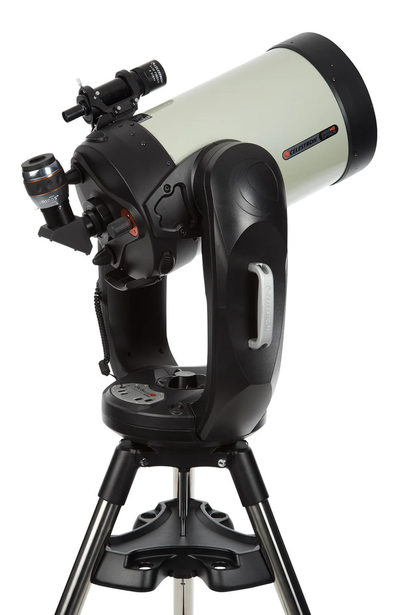 Celestron CPC Deluxe 1100 EdgeHD Schmidt-Cassegrain computerized telescope with tripod and accessories visible.