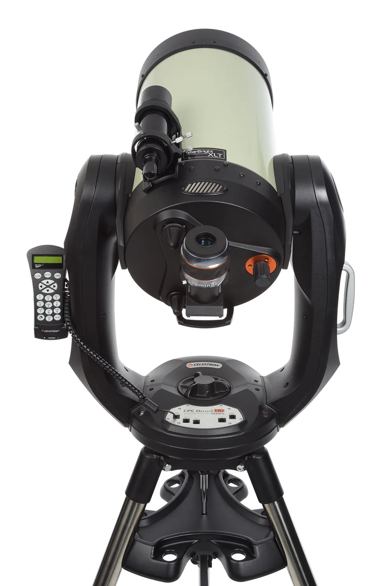 Celestron CPC 1100 GPS Schmidt-Cassegrain computerized telescope with HD imaging, featuring a sleek optical tube and mounted accessories.