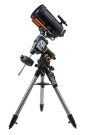 Celestron CGEM II 800 Schmidt-Cassegrain telescope with tripod setup, showcasing the reflective optical tube and mount for astronomical observation.