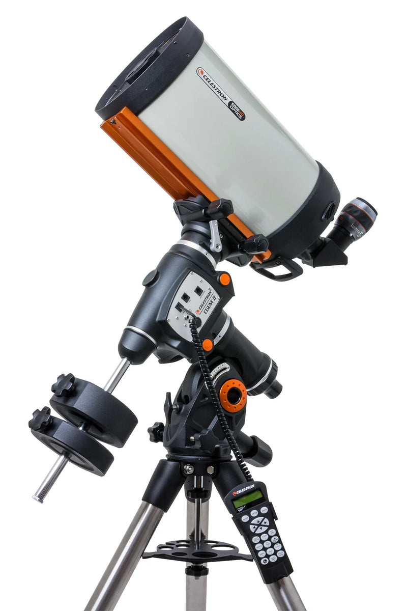 Celestron CGEM II 925 EdgeHD Schmidt-Cassegrain telescope with sturdy mount, featuring a sleek optical tube and control panel.