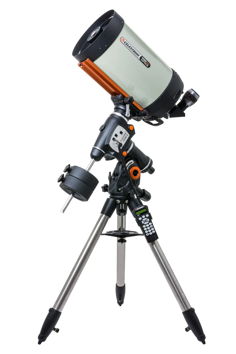 Celestron CGEM II 1100 EdgeHD Schmidt-Cassegrain telescope set up on mount, showcasing optical tube and accessories.