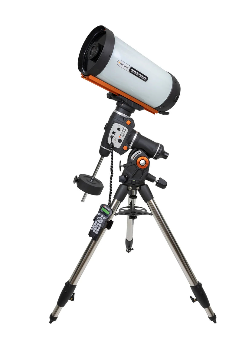 Celestron CGEM II 8-inch Rowe-Ackermann Schmidt Astrograph telescope with sleek black body and optical components visible.