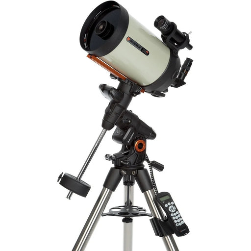Celestron Advanced VX 8-inch EdgeHD telescope showing the optical tube with mounted finderscope and equatorial mount system.