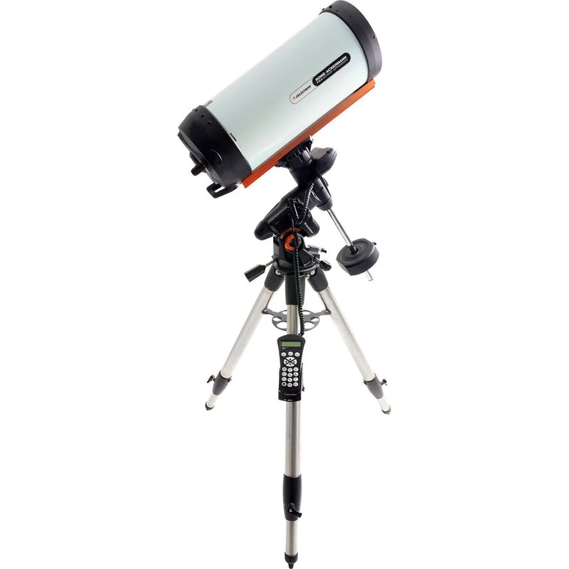 Celestron Advanced VX 8-inch Rowe-Ackermann Schmidt astro telescope with equatorial mount and optical tubes in a starry night sky setting.