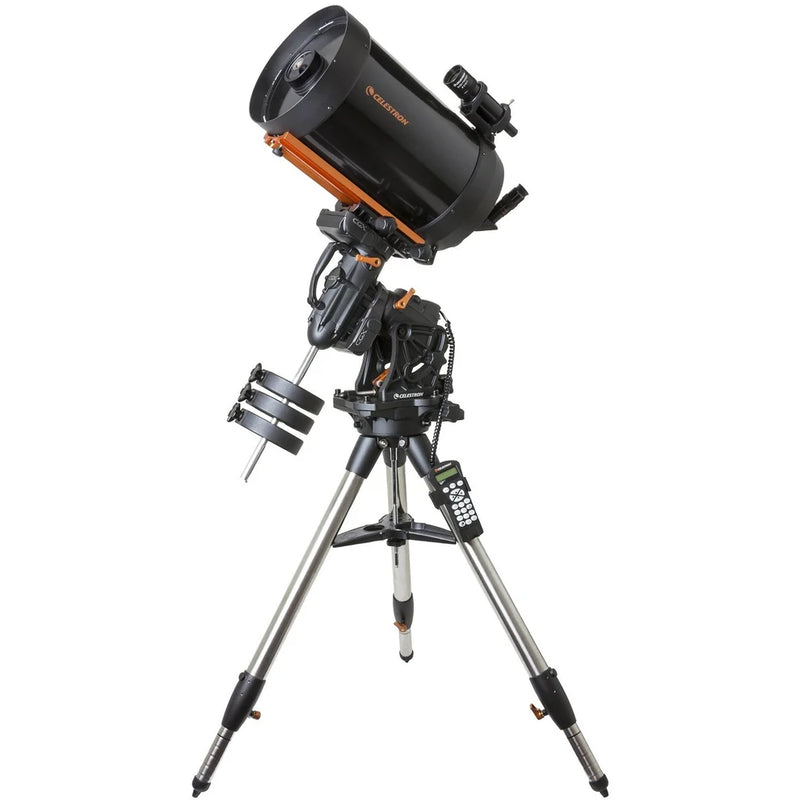 Celestron CGX 1100 Schmidt-Cassegrain Telescope with tripod and accessories, reflecting optical tube for astronomical observation.