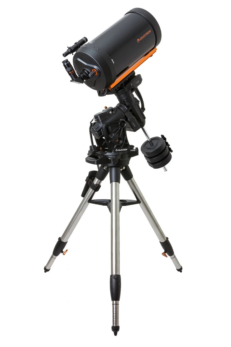Celestron CGX 1100 Schmidt-Cassegrain telescope with mount and accessories, reflecting optical tube for astrophotography and stargazing.