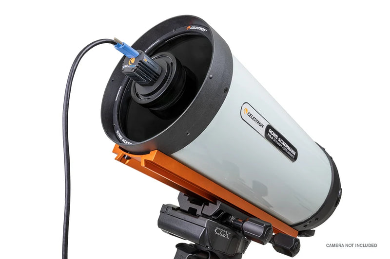 Celestron CGX 8" Rowe-Ackermann Schmidt Astrograph reflecting telescope with mounted optical tube and starry night background.