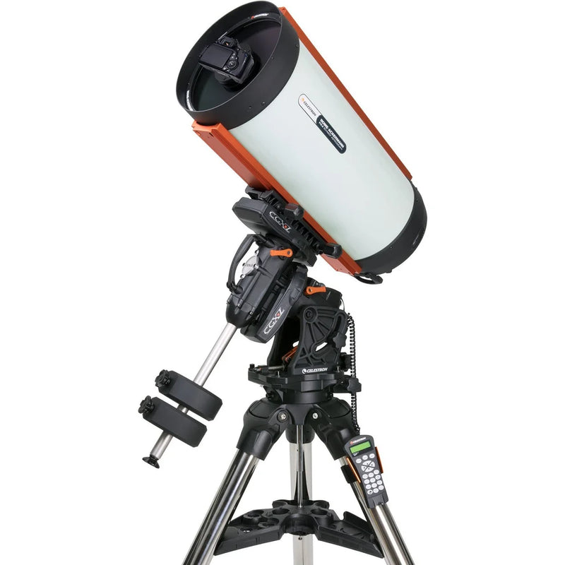 Celestron CGX-L 11-inch Rowe-Ackermann Schmidt Astrograph V2 telescope mounted on a tripod, showcasing its optical tube and mount system.