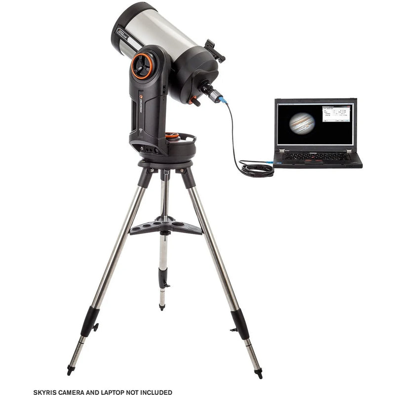 Celestron NexStar Evolution 8-inch Schmidt-Cassegrain telescope set up outdoors with mount and eyepiece, ready for stargazing.