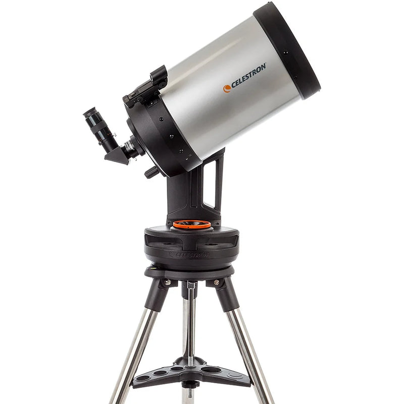 Celestron NexStar Evolution 8-inch Schmidt-Cassegrain telescope with built-in Wi-Fi and adjustable tripod, set up outdoors under a night sky.