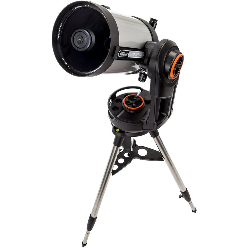 Celestron NexStar Evolution 8-inch Schmidt-Cassegrain telescope set up outdoors with mount and accessories visible.