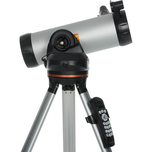 Celestron 114 LCM Newtonian reflector telescope with black metal optical tube and adjustable mount, designed for astronomical observation.
