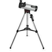Celestron 114 LCM Newtonian reflector telescope with silver optical tube, mounted on adjustable tripod for astronomy viewing.