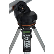 Celestron 114 LCM Newtonian reflector telescope with black tube and mount, designed for astronomical observation and stargazing.