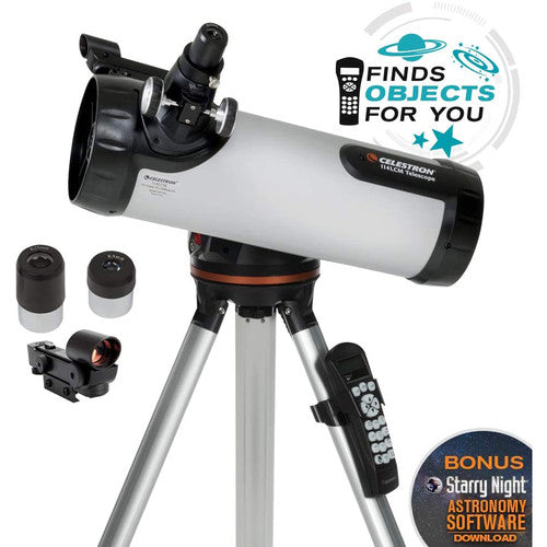 Celestron 114 LCM Newtonian reflector telescope with black optical tube and mount, suitable for astronomy and stargazing.