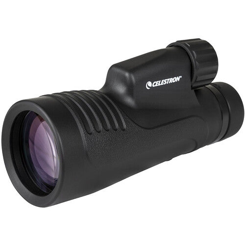 Celestron Outland X 20x50 monocular with tripod and adapter, showing the compact black binocular device and accessories.