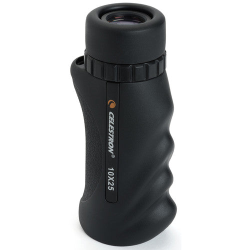 Celestron Nature 10x25 monocular with compact black design, showing the lens and textured grip for outdoor wildlife observation.