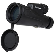 Celestron Outland X 10x50 binoculars with smartphone adapter, showing the binoculars' large lenses and sleek black design.