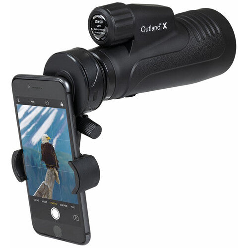 Celestron Outland X 10x50 binoculars with smartphone adapter, featuring large objective lenses and durable design for outdoor use.