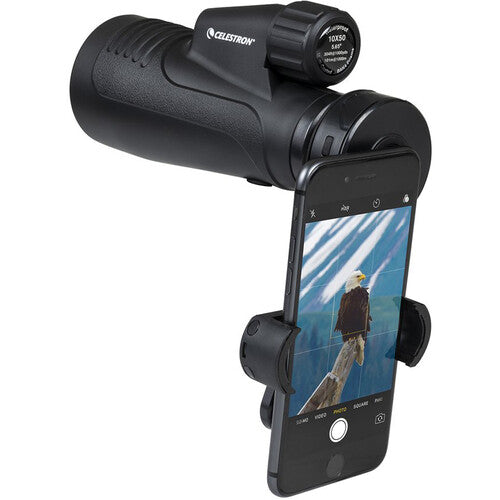 Celestron Outland X 10x50 monocular with smartphone adapter, compact binoculars for outdoor and wildlife viewing.