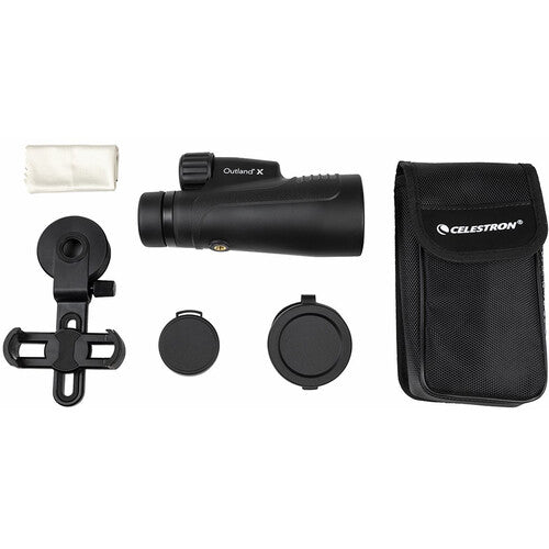 Celestron Outland X 10x50 binoculars with smartphone adapter, featuring large lenses and ergonomic design for outdoor viewing.