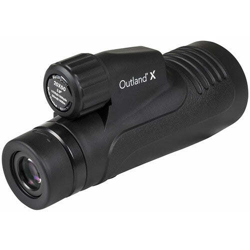 Celestron Outland X 20x50 binoculars with tripod and adapter, showing the black monocular with adjustable eyepiece and tripod mount