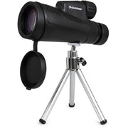 Celestron Outland X 20x50 binoculars with tripod and adapter, showing the black binoculars with adjustable eyepieces and tripod mount