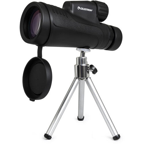 Celestron Outland X 20x50 binoculars with tripod and adapter, showing the black binoculars with adjustable eyepieces and tripod mount