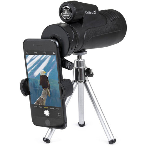 Celestron Outland X 20x50 monocular with tripod and adapter, showing the compact, black optical device with adjustable tripod.