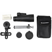 Celestron Outland X 20x50 binoculars with tripod and adapter, showing the black monocular with adjustable eyepiece and tripod mount.