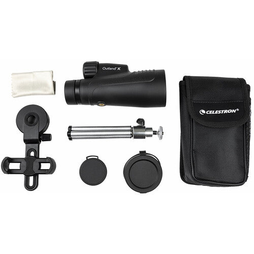 Celestron Outland X 20x50 binoculars with tripod and adapter, showing the black monocular with adjustable eyepiece and tripod mount.