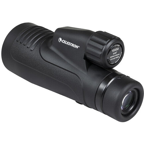 Celestron Outland X 10x50 monocular with smartphone adapter, black compact binoculars for outdoor and wildlife viewing.