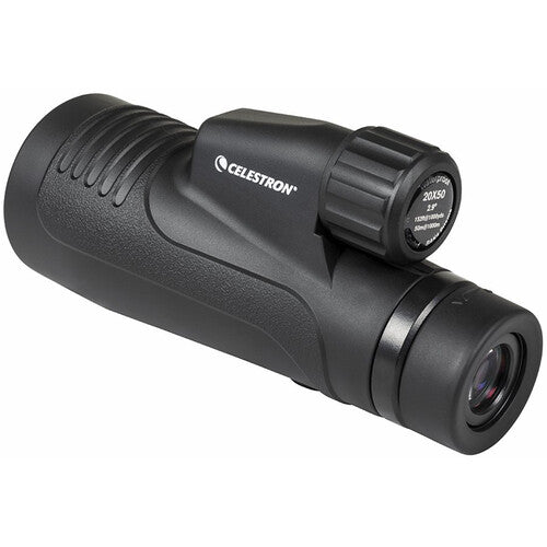 Celestron Outland X 20x50 binoculars with tripod and adapter, showing the black binoculars and included accessories.