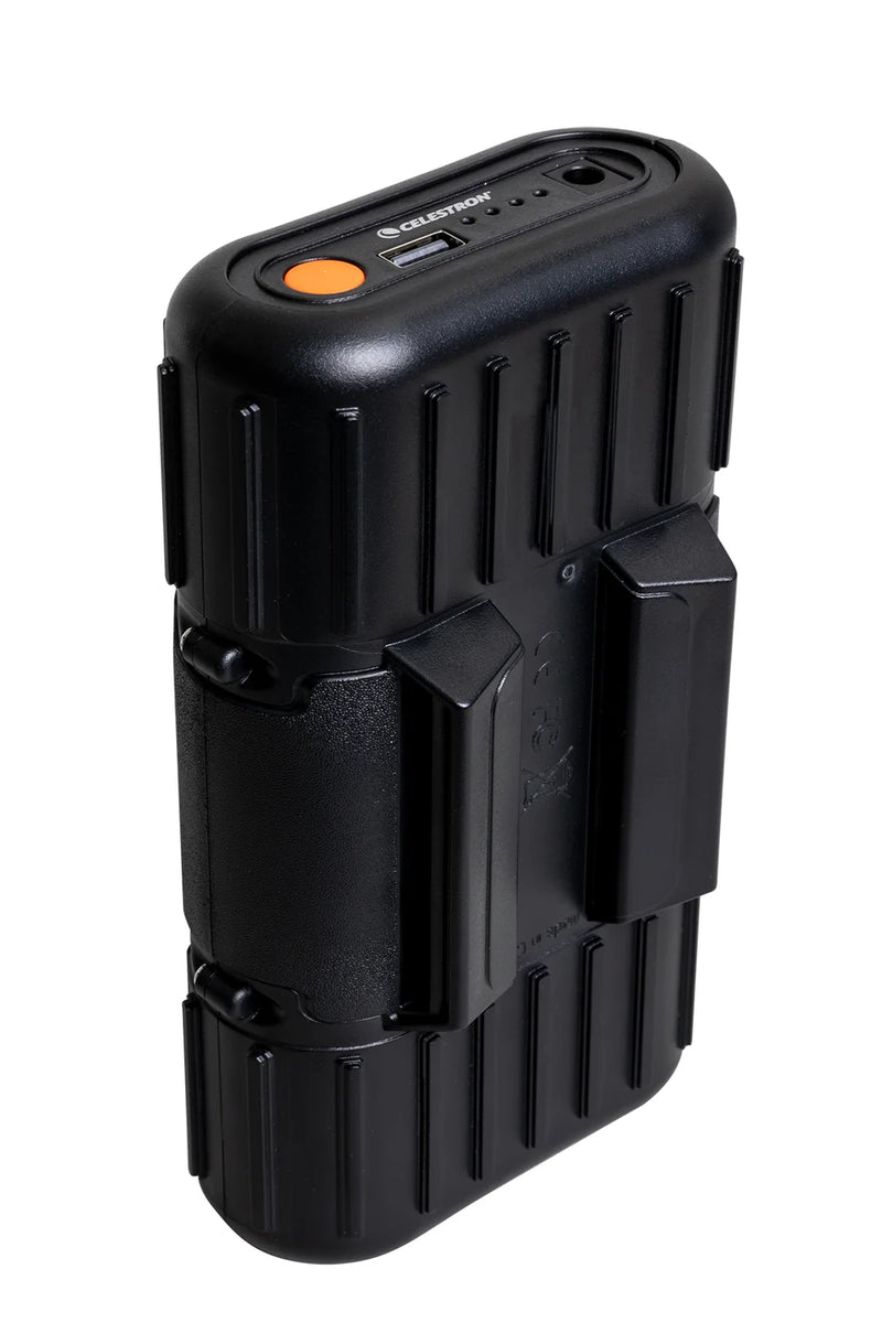 Celestron PowerTank Lithium LT portable power bank with multiple output ports and compact design for electronic device charging.