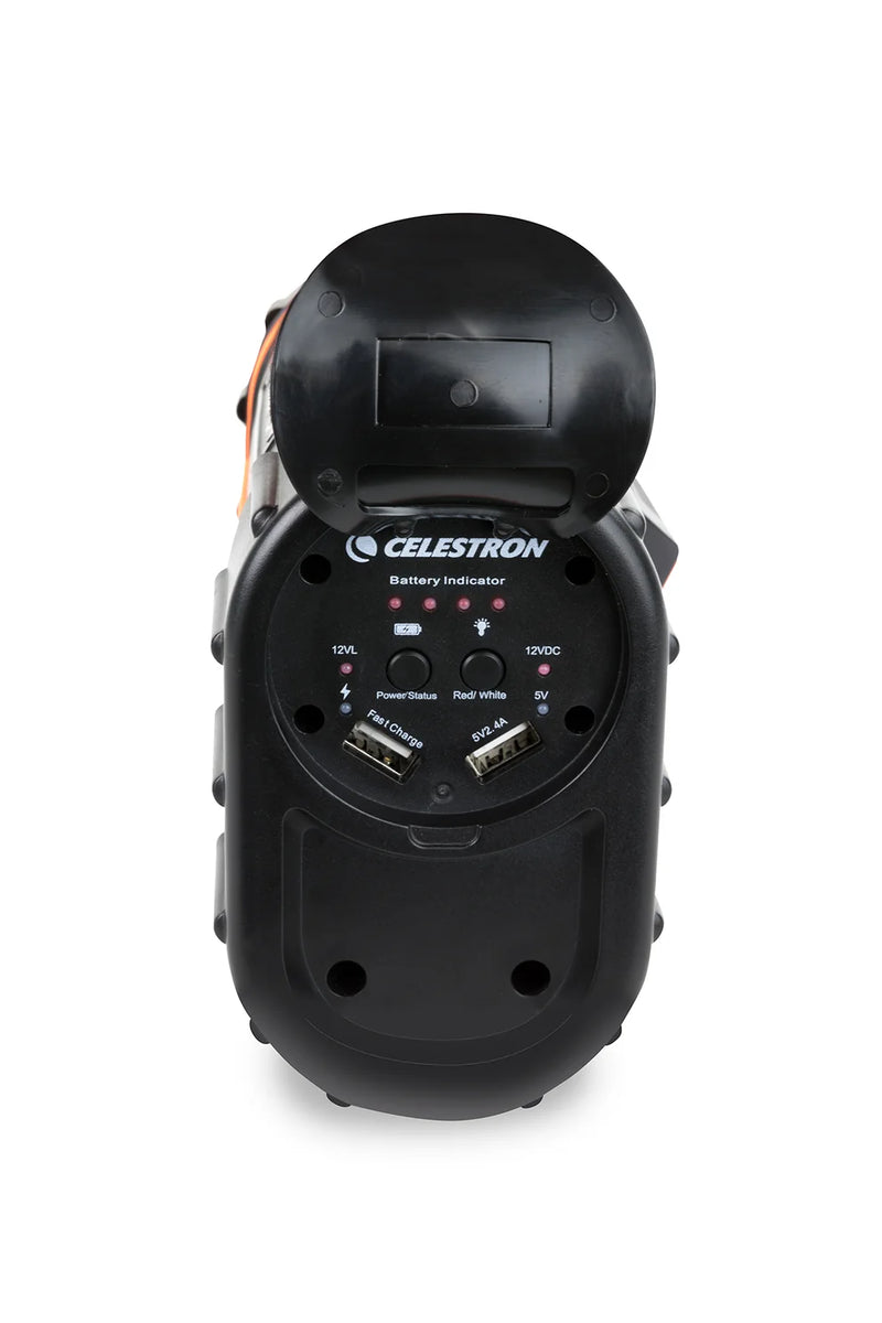 Celestron PowerTank Lithium Pro portable power bank with multiple output ports and compact design for accessories and devices.