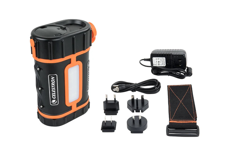 Celestron PowerTank Lithium Pro portable power bank with multiple output ports and compact design for astronomy accessories.