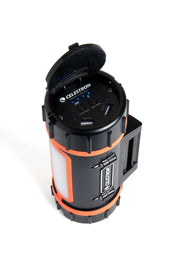 Celestron PowerTank Lithium portable power bank with multiple USB ports and LED indicator for outdoor astronomy accessories.