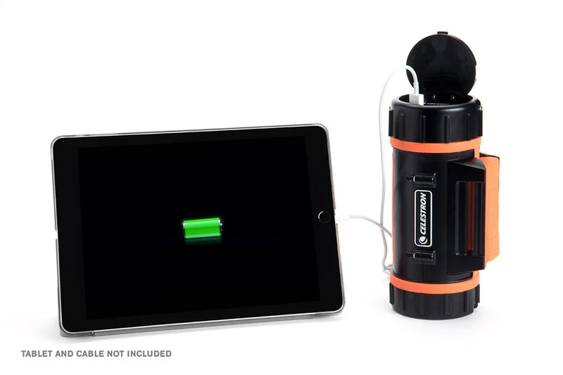 Celestron PowerTank Lithium portable power bank with USB ports and rugged design for electronics and outdoor use.