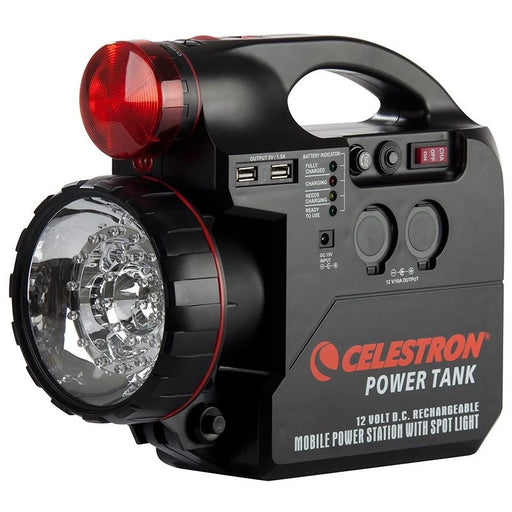 Celestron PowerTank 12V 7Ah portable power supply with Celestron accessories for astronomy and outdoor use.