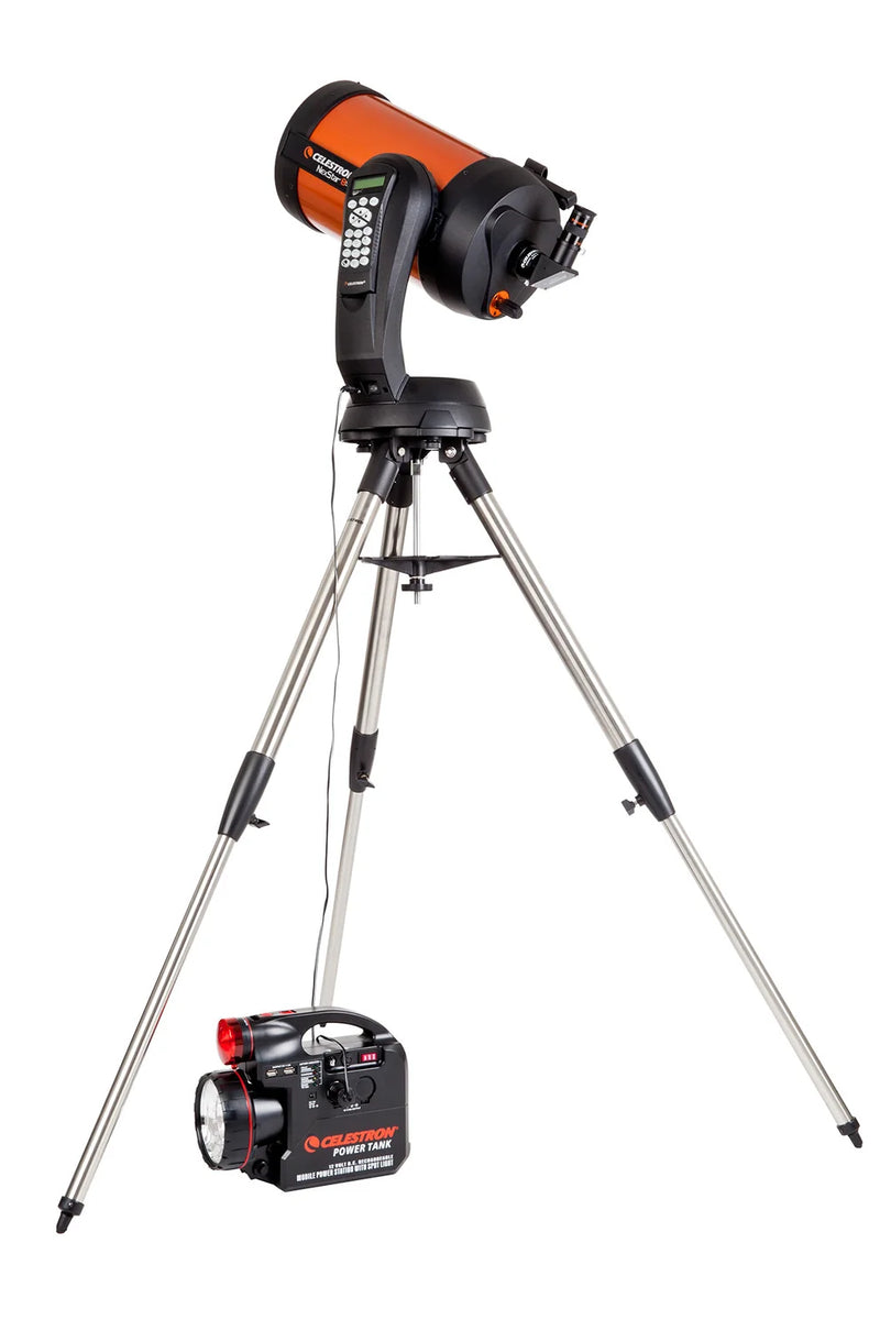 Celestron PowerTank 12V 7Ah portable power supply with Celestron accessories for telescope and astronomy equipment.