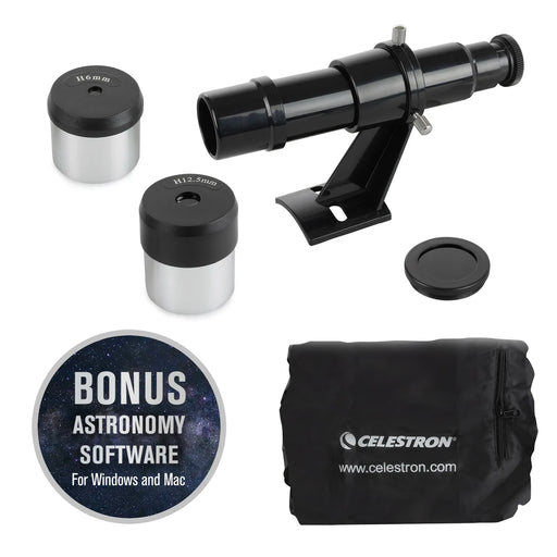 Celestron FirstScope accessory kit with various telescope accessories and tools for stargazing and telescope setup.
