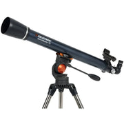 Celestron AstroMaster 70AZ refractor telescope set up outdoors with tripod and optical tube for stargazing and celestial observation.